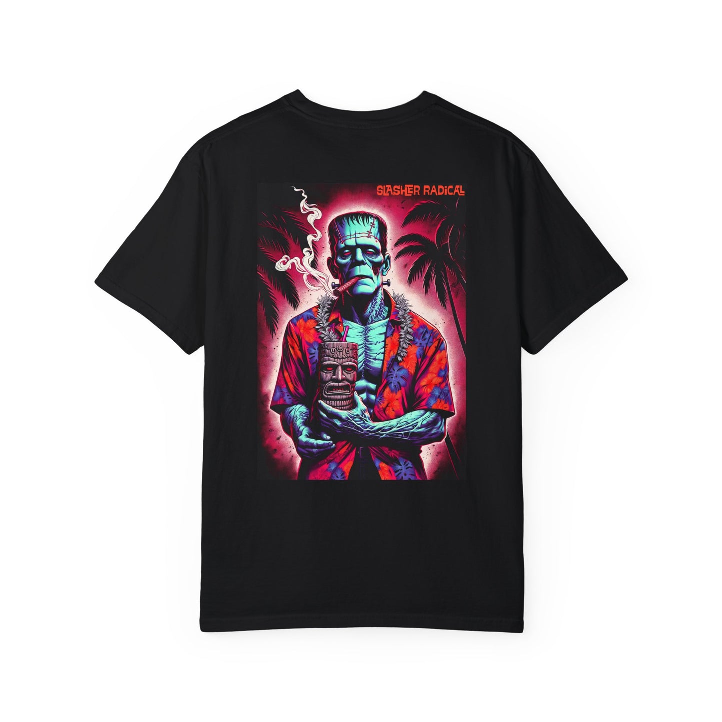 Tiki Monster Back printing of FrankenTiki Tee - Frankenstein Tiki Monster Series T-shirt
