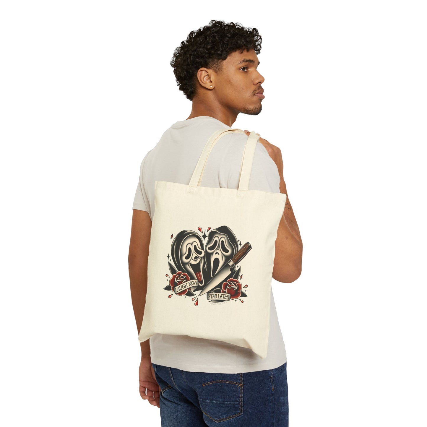 Laugh Now, Stab Later Cotton Canvas Tote Bag